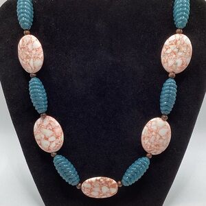 Blue Molded and Pink and Cream Marbled Stone Necklace